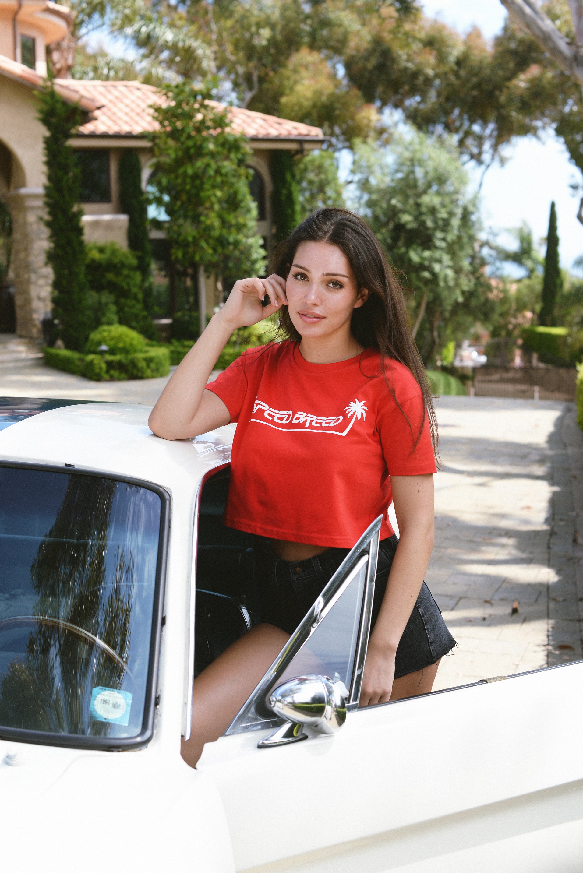 PALM TREE SPEED BREED WOMENS CROP TOP TEE (Team Red)