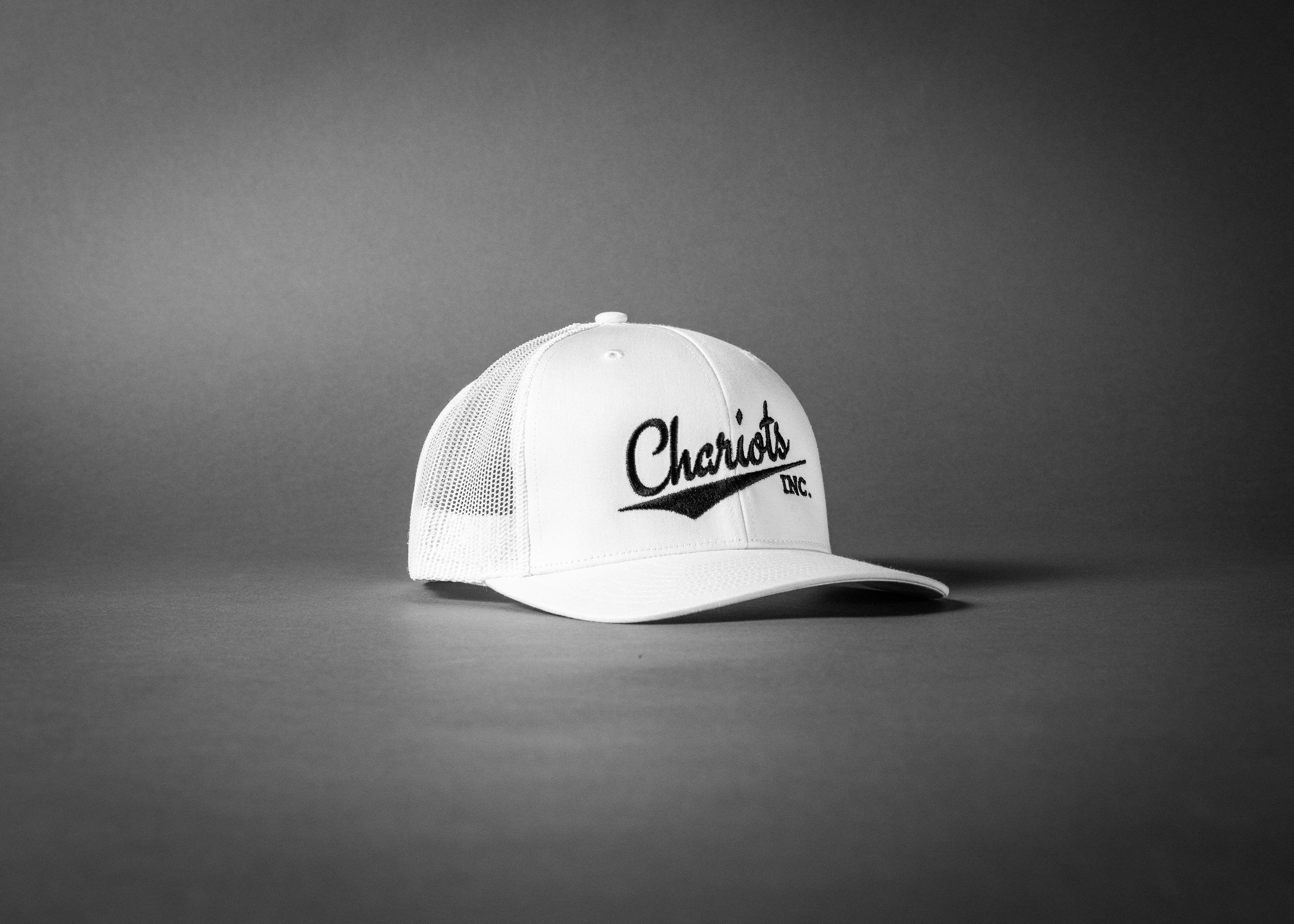 CHARIOTS INC (White/Black Embroidered Premium Trucker Hat)