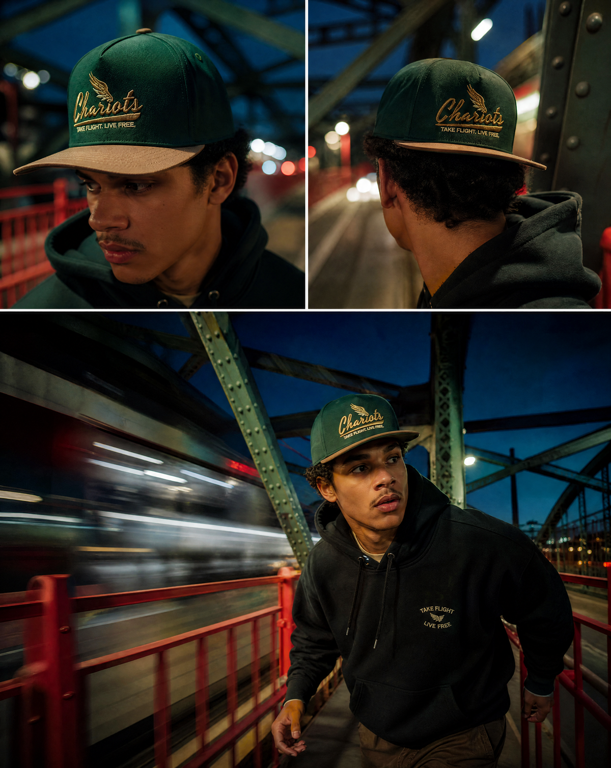 Three-panel lifestyle photo of a man wearing a dark green baseball cap with gold embroidered 'Chariots' text and a black hoodie on a nighttime bridge walkway with train light trails.