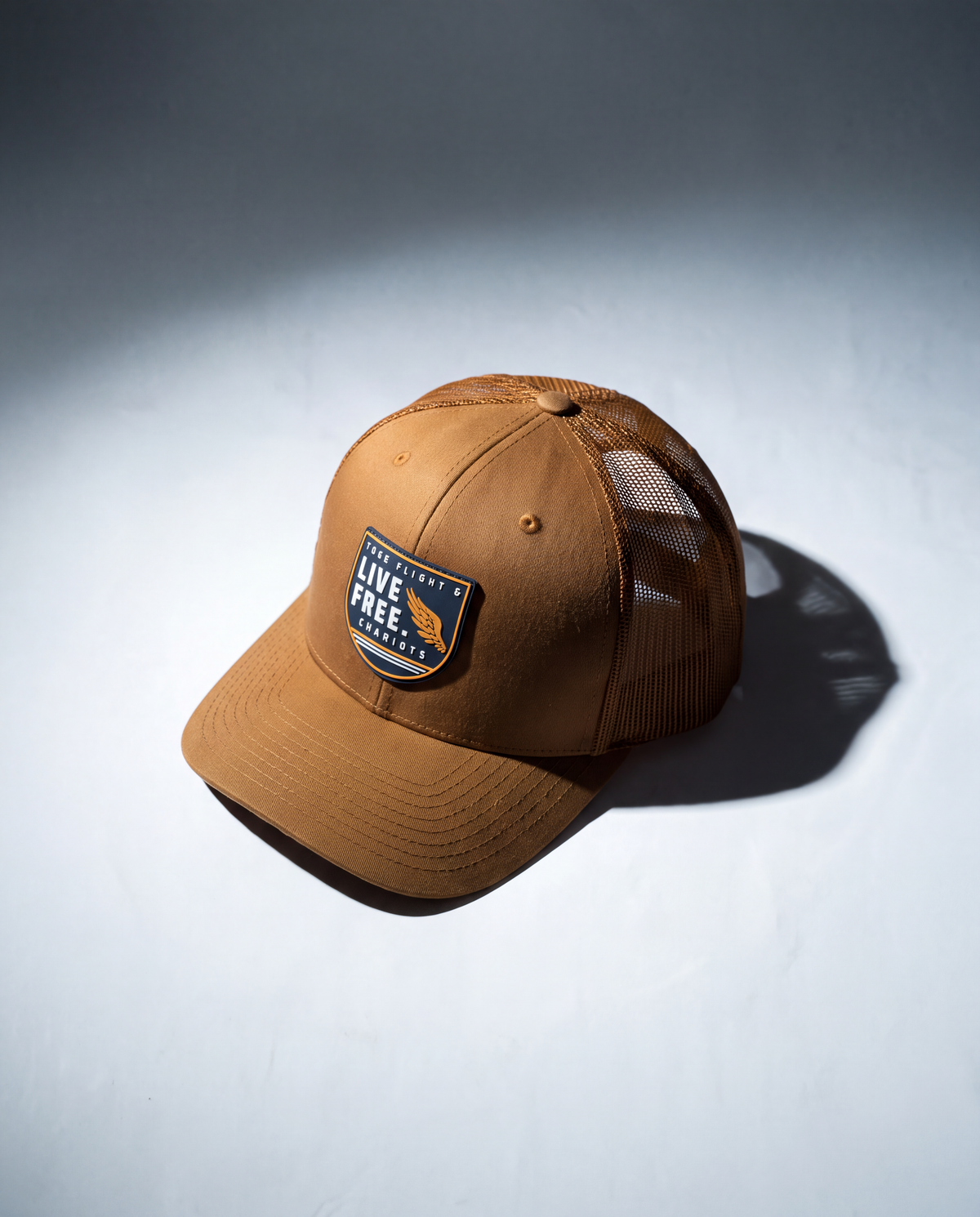 A brown trucker-style cap with a curved brim and mesh back panels, featuring a front patch that reads 'LIVE FREE or DIE FREE' with a bird graphic. The cap is photographed on a light gray surface with a dramatic spotlight and shadow.
