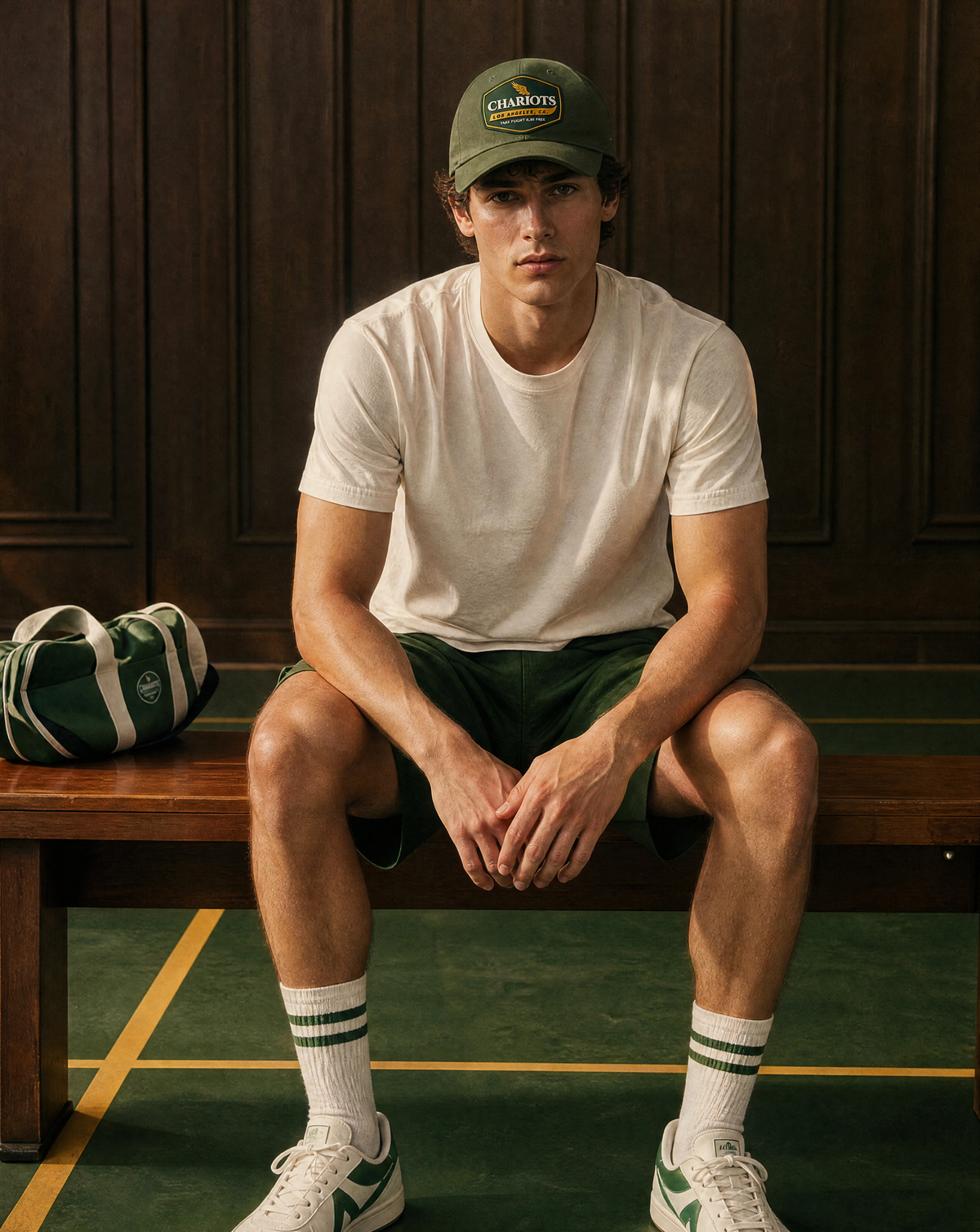 A man sits on a wooden bench in a sports locker room wearing a green Chariots cap, a white t-shirt, green shorts, green and white socks, and white sneakers. A green and white striped duffel bag rests on the bench next to him.
