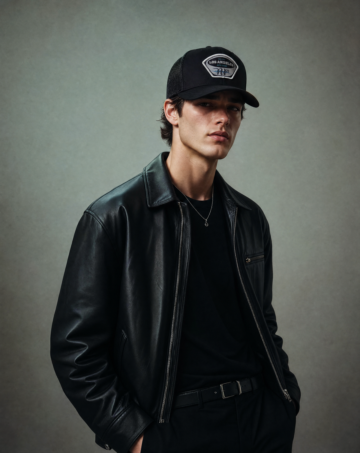 A man wearing a black leather jacket, black t-shirt, black pants, and a black baseball cap with a shield logo, standing against a textured gray background.