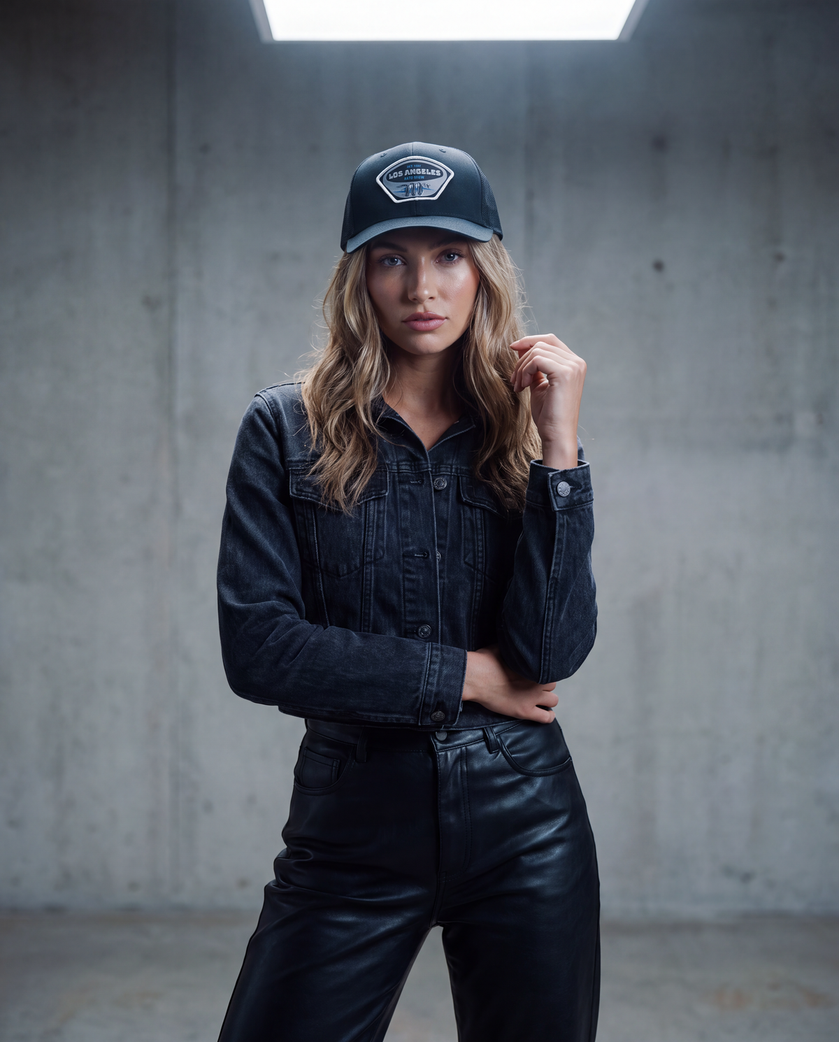 A woman stands in a concrete industrial setting wearing a black denim jacket, black leather pants, and a black baseball cap with a white shield logo that reads 'SUNRISE'.