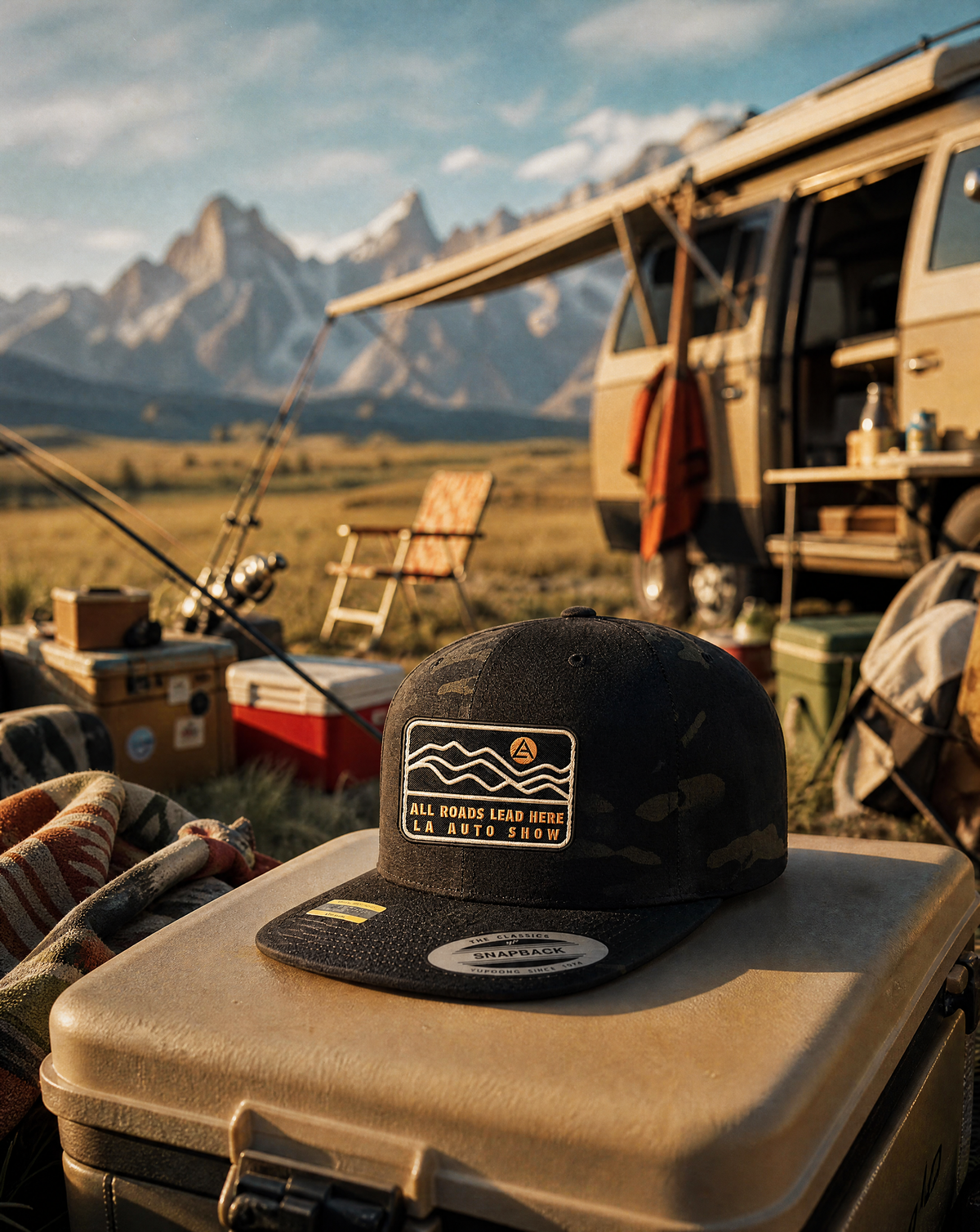 A black camouflage baseball cap with a rectangular 'ALL ROADS LEAD HERE' patch sits on the front of a beige cooler in an outdoor camping setup with mountains, a van, and gear in the background.