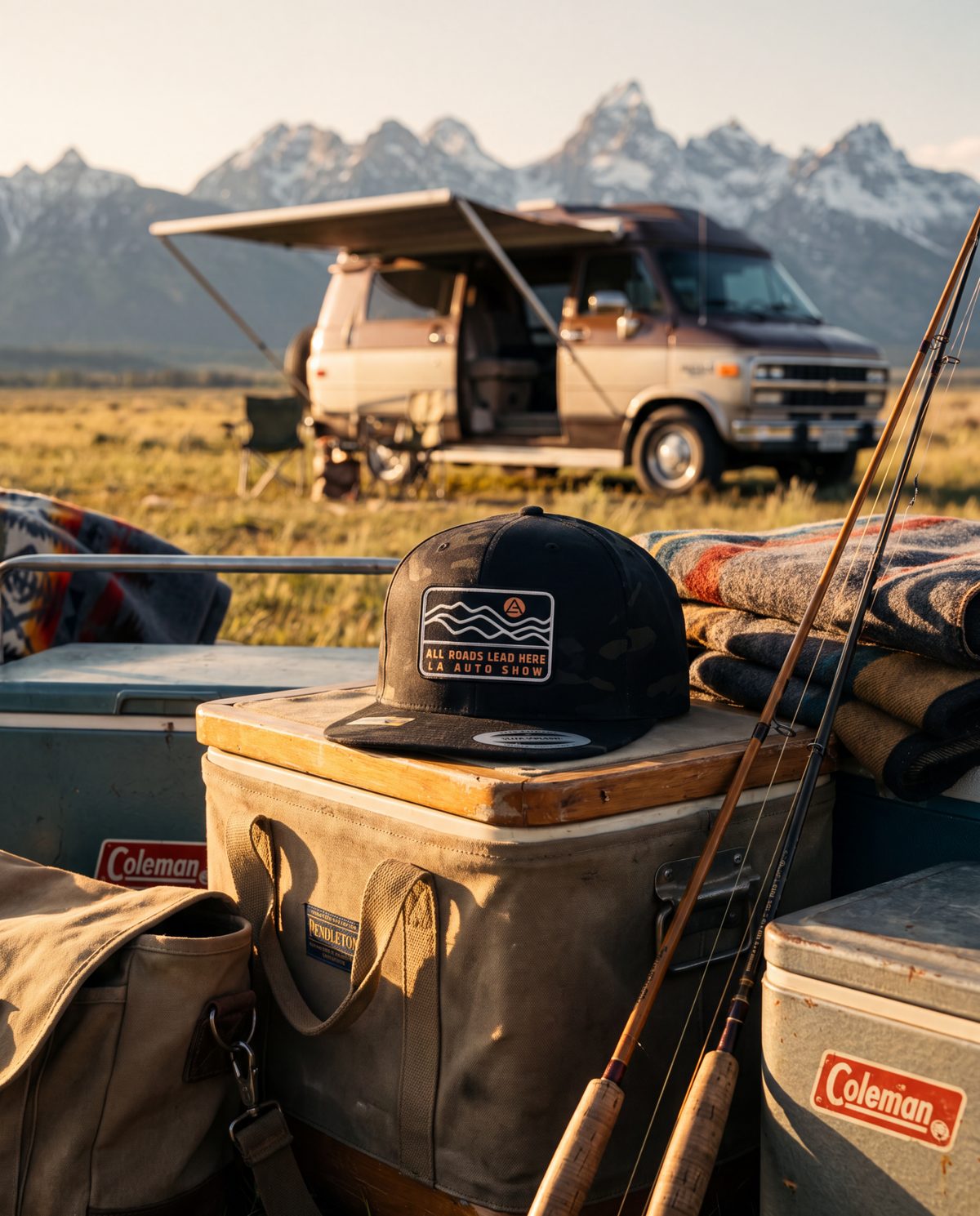 A black baseball cap with a 'ALL ROADS LEAD HERE' patch sits on top of a gray Coleman cooler in an outdoor campsite setting, with a vintage camper van and snow-capped mountains in the background.