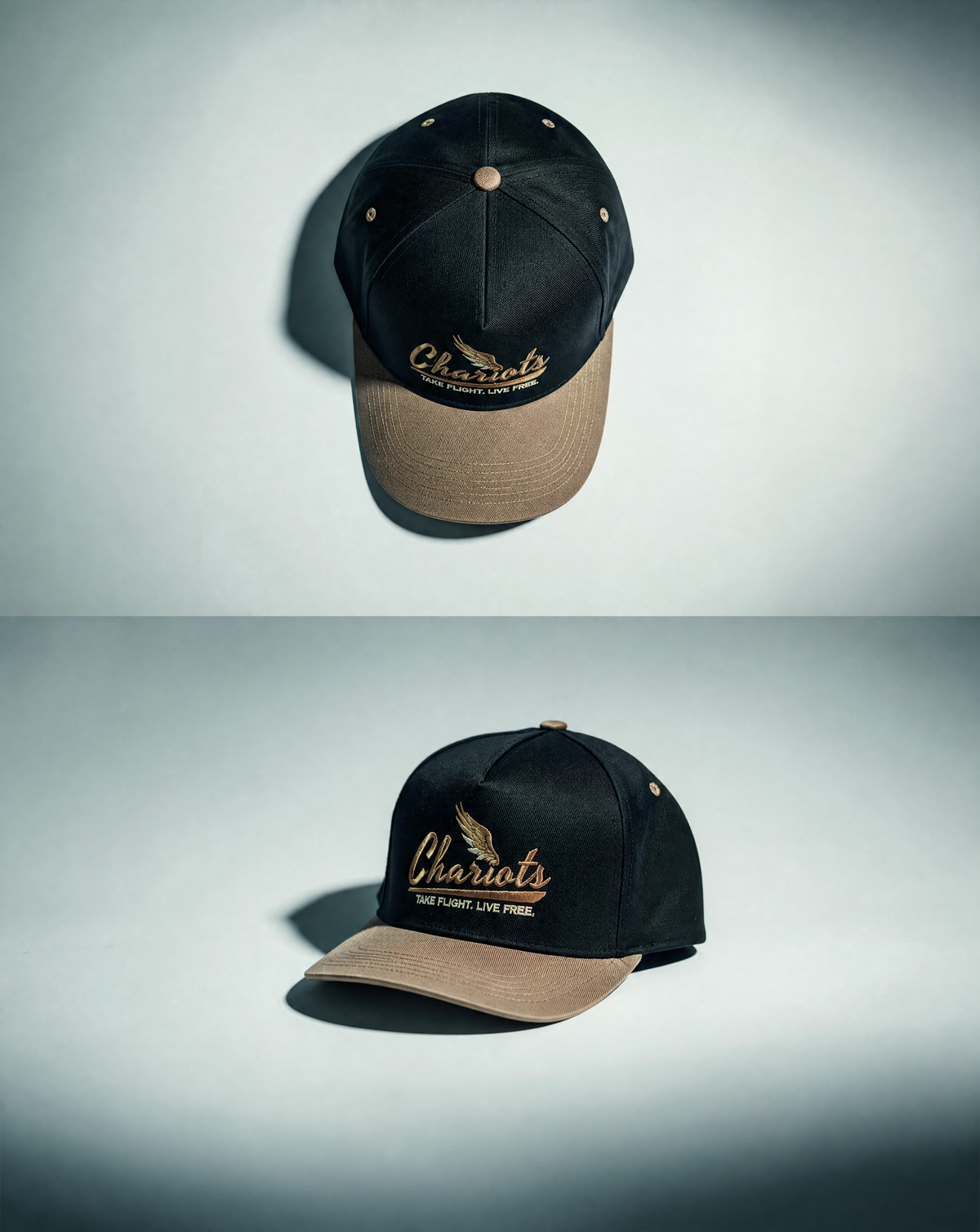 Two views of a baseball cap on a gray gradient background. The cap has a black crown, a tan visor, and gold embroidered text reading 'Chariots' with 'TAKE FLIGHT LIVE FREE' underneath.