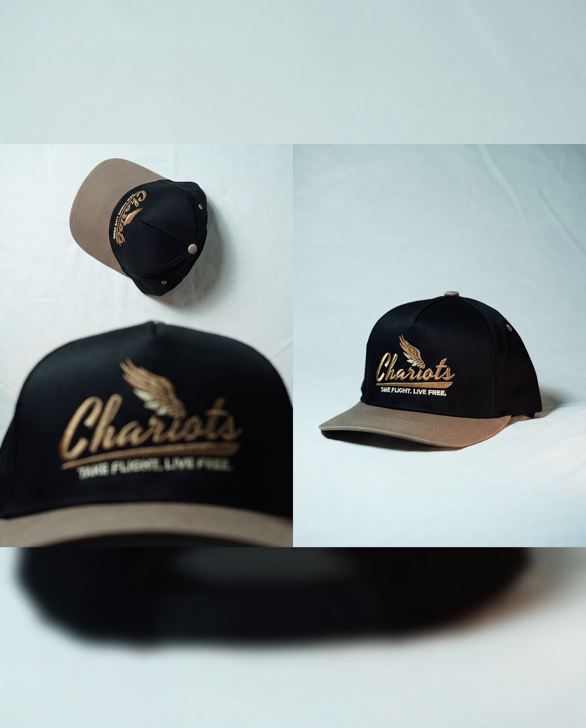 A collage showing a black and tan baseball cap from multiple angles. The cap features gold embroidered text reading 'Chariots' with a feather graphic and the phrase 'TAKE FLIGHT, LIVE FREE.