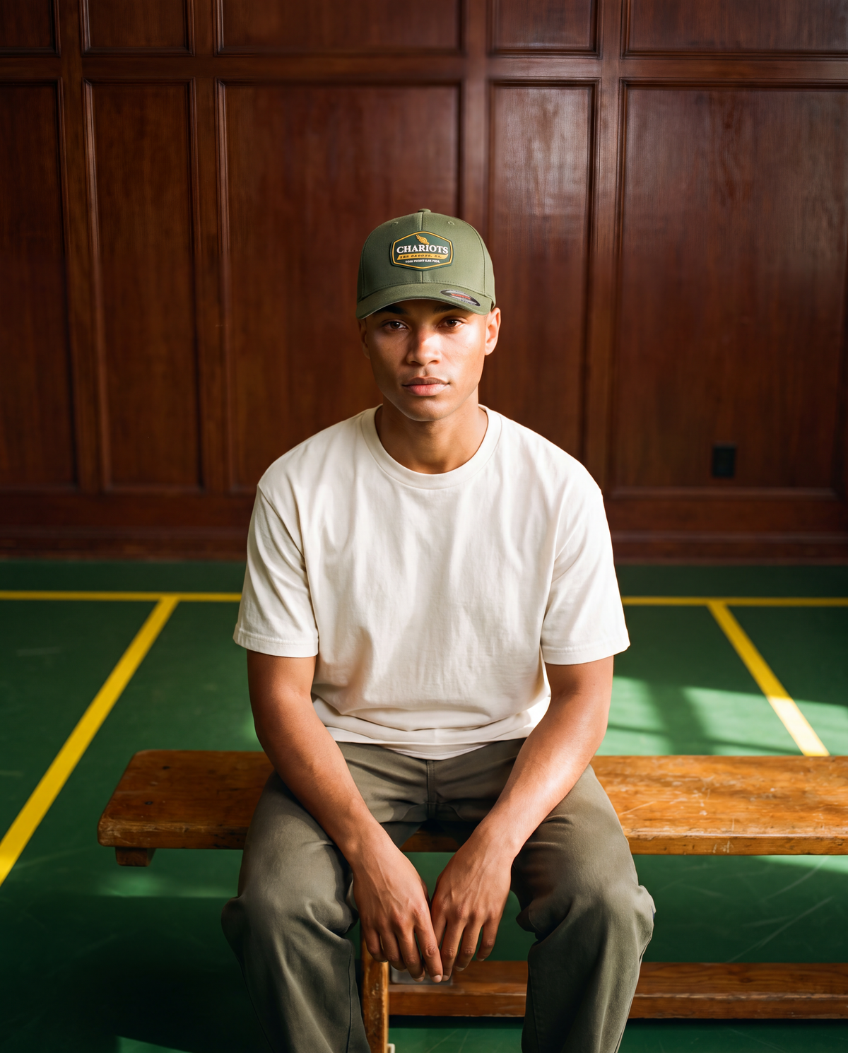 A man sits on a wooden bench in an indoor sports hall with dark wood paneling and green flooring with yellow lines. He is wearing an olive green baseball cap with a 'chariots' logo, a plain white t-shirt, and olive green pants.