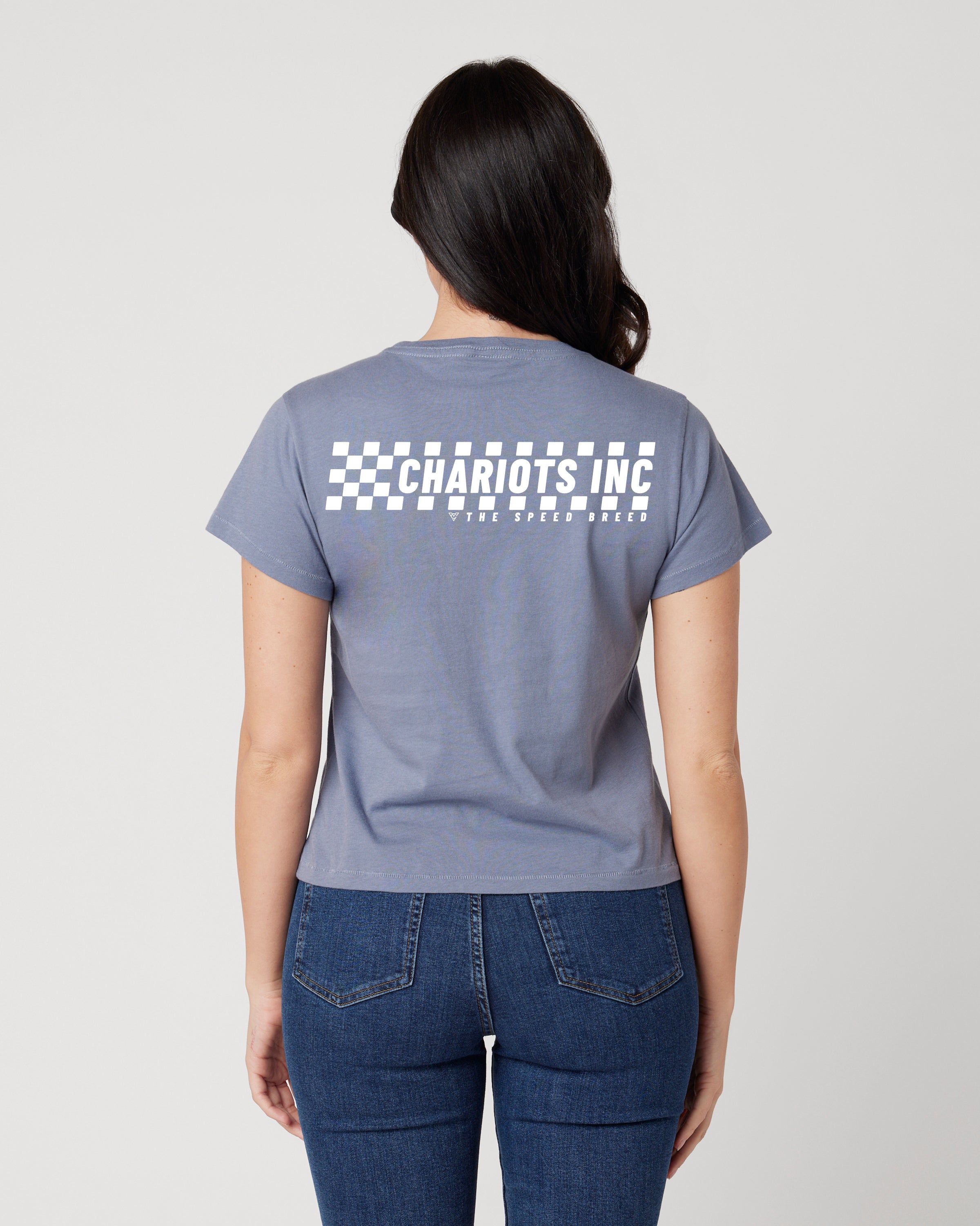 CHECKERED FLAG WOMENS CROP TOP TEE (Blue Haze)